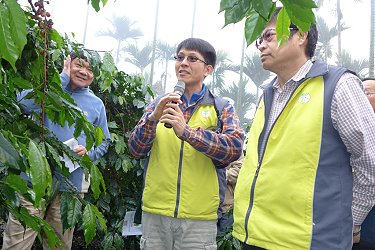 林明瑩副研究員於咖啡園說明誘殺器防治