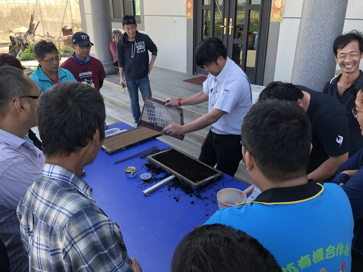 日本原廠的技術人員現場操作紙穴盤播種育苗程序