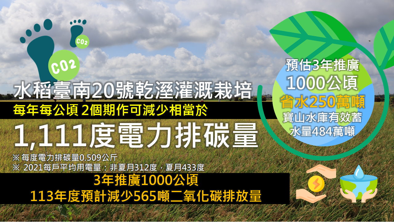 水稻新品種「臺南20號」乾溼灌溉栽培，每公頃可以減少21 %的灌溉水量及降低水稻田32.5%的溫室氣體排放