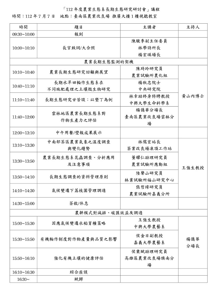 「112年度農業生態系長期生態研究研討會」議程