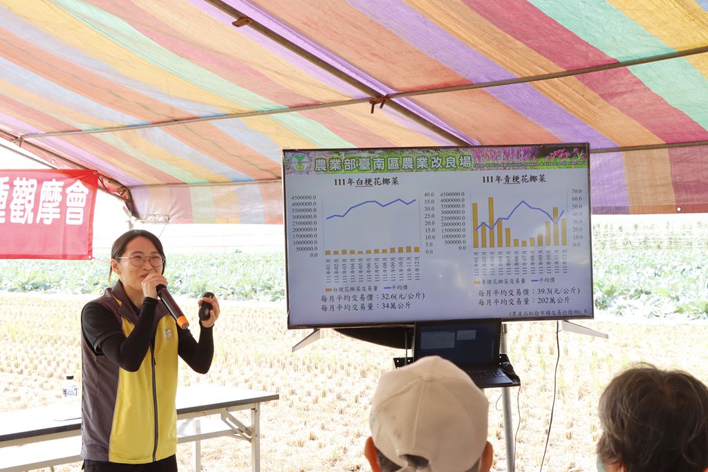 ↑本場朱詠筑助理研究員介紹「耐貯藏暨加工用花椰菜品種篩選成果」