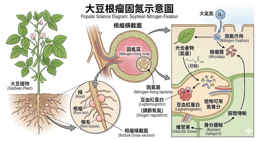 大豆與根瘤菌共生固氮，減少肥料使用
